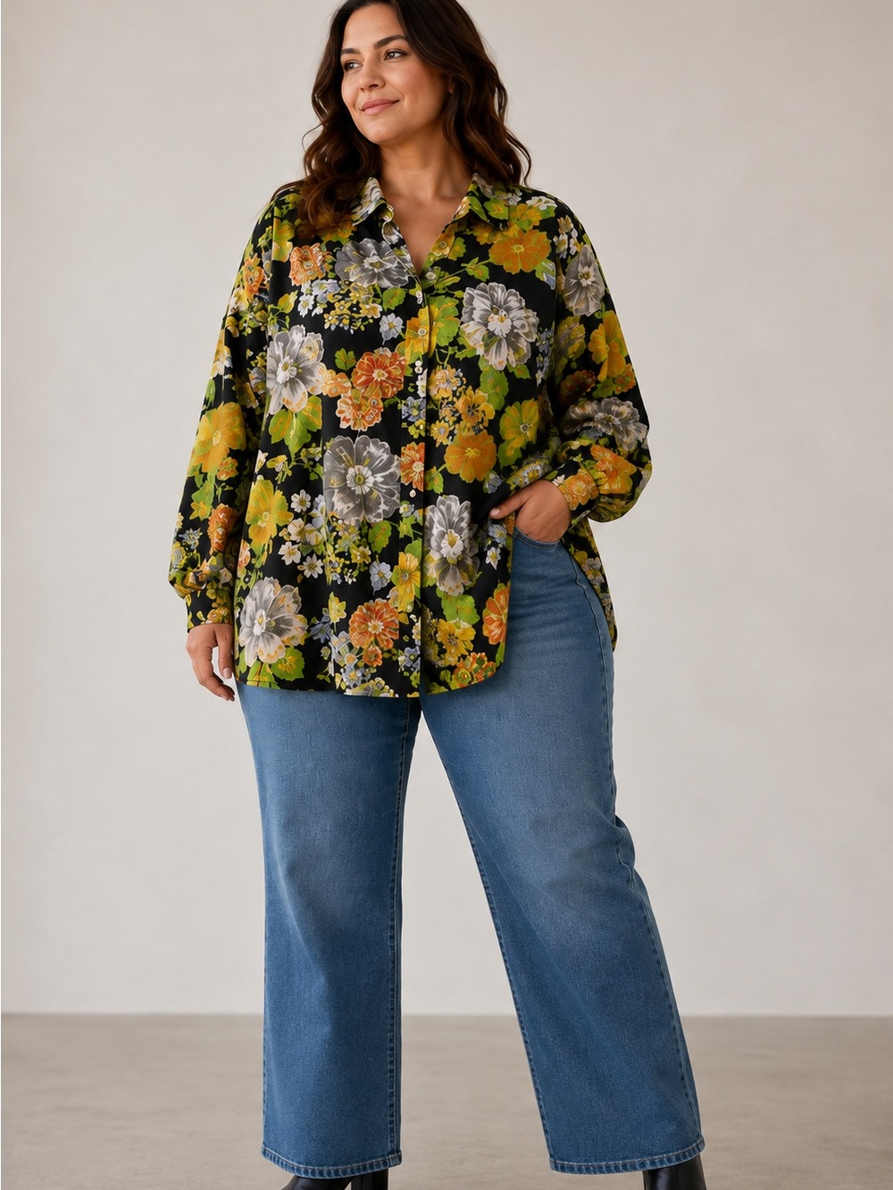 WRAY Madison Artichoke Floral Oversized Cotton Button Down Shirt 2X